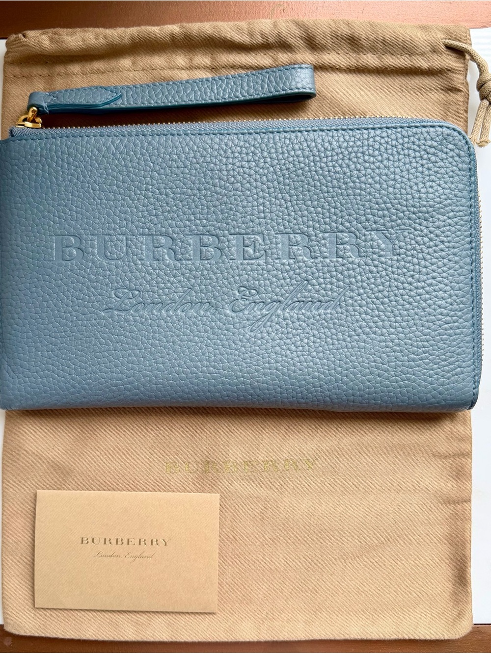 Burberry Dusty Blue-Tilt Embossed Leather Wristlet with an Insert Wallet
